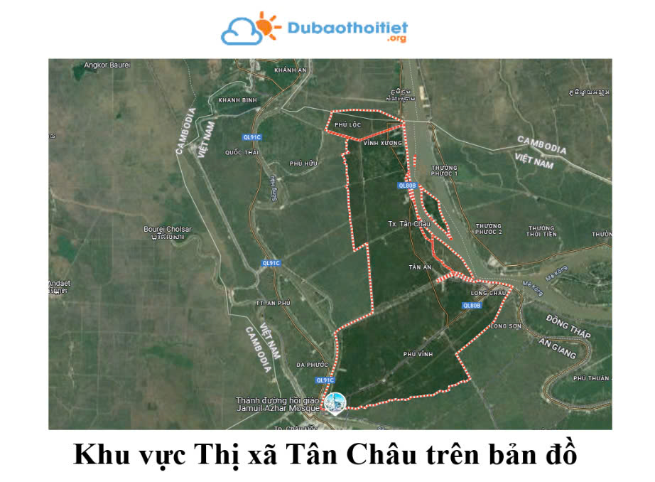 Khu vực thị xã Tân Châu trên bản đồ