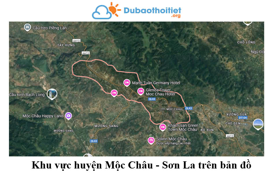 Khu vực huyện Mộc Châu - Sơn La trên bản đồ